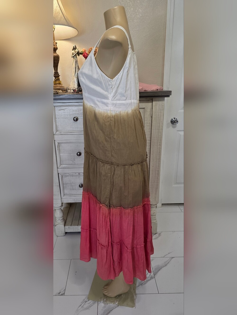 AREA Colorblock V-Neck Maxi Dress in White, Taupe & Coral - Picture 3 of 6
